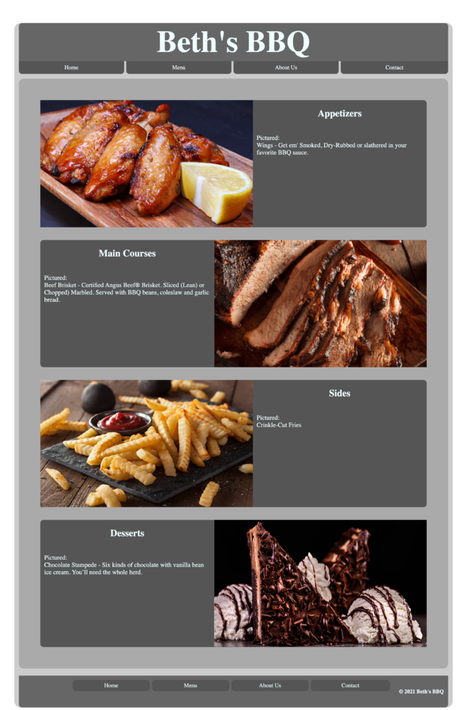 Beth's BBQ Mom & Pop Menu Page